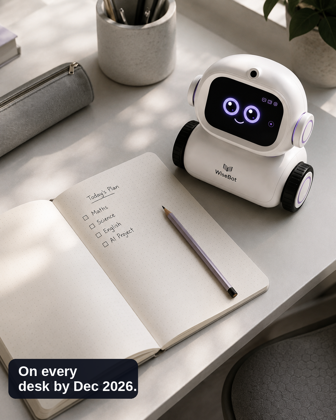 WiseBot on a desk with a notebook and pencil