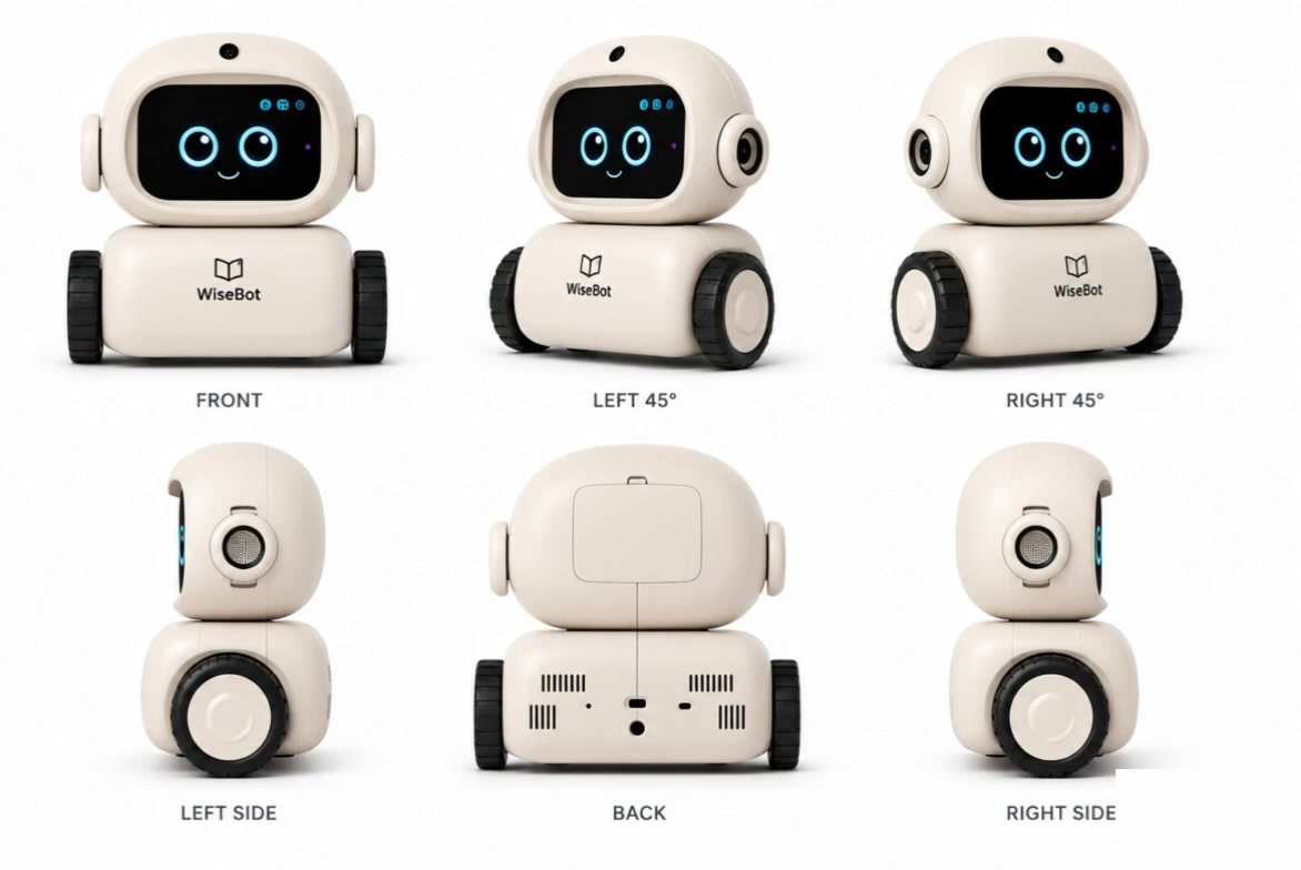 WiseBot shown from six angles — front, left and right 45°, left and right side, and back